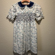 Vintage Liberty of London Girls Hand Smocked Floral Dress Blue Peter Pan Collar