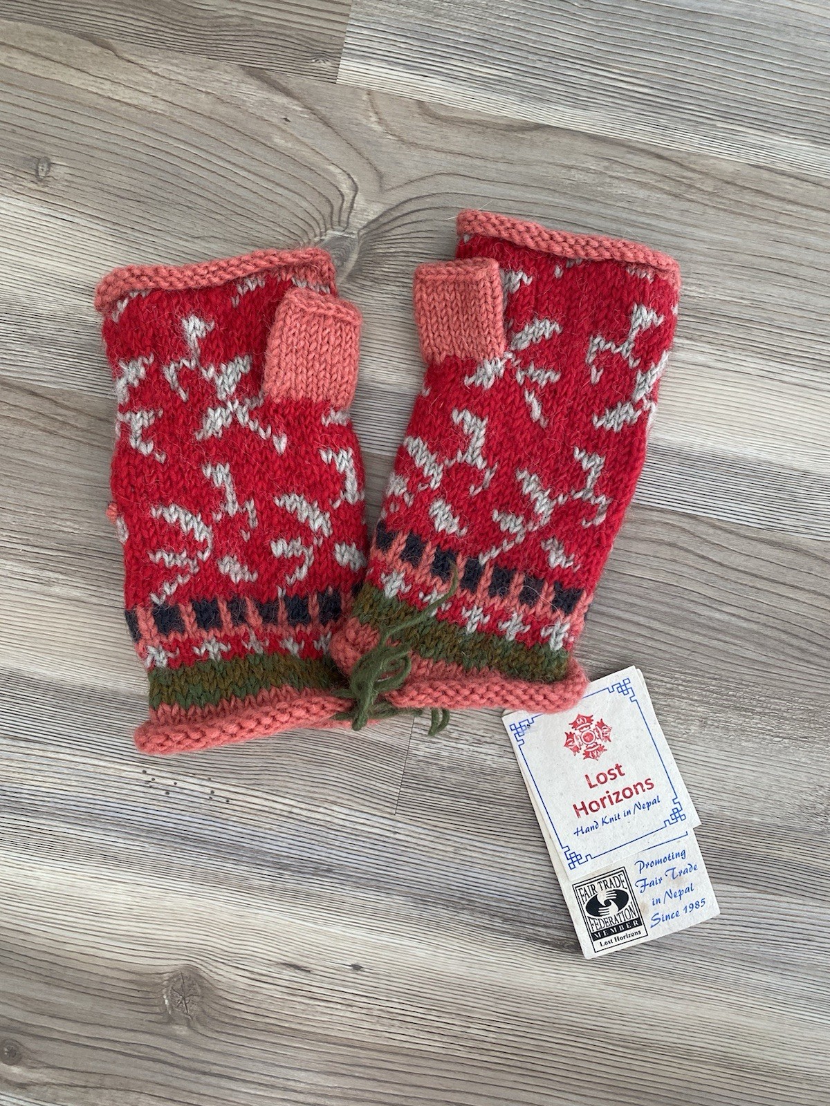 Lost Horizons Wool Fingerless Mittens Fleece Lined Nepal Embroidered Rosette