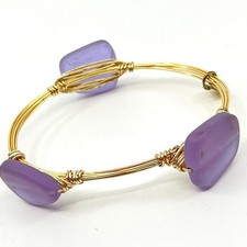 Vintage Gold Tone Wire Wrapped Bangle Bracelet Purple Matte Sea Glass Chic Bib