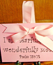 Baby Girl's Nursery Bedroom Pink Sign Plaque Psalms 139:14 Wall Decor Ribbon 591