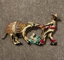 Vintage 1940s Bauman-Massa Enamel Rhinestone Stubborn Burro Mexican Pin Brooch