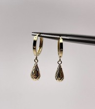 18k Gold Dangle Teardrop Hoop Earrings Diamon...