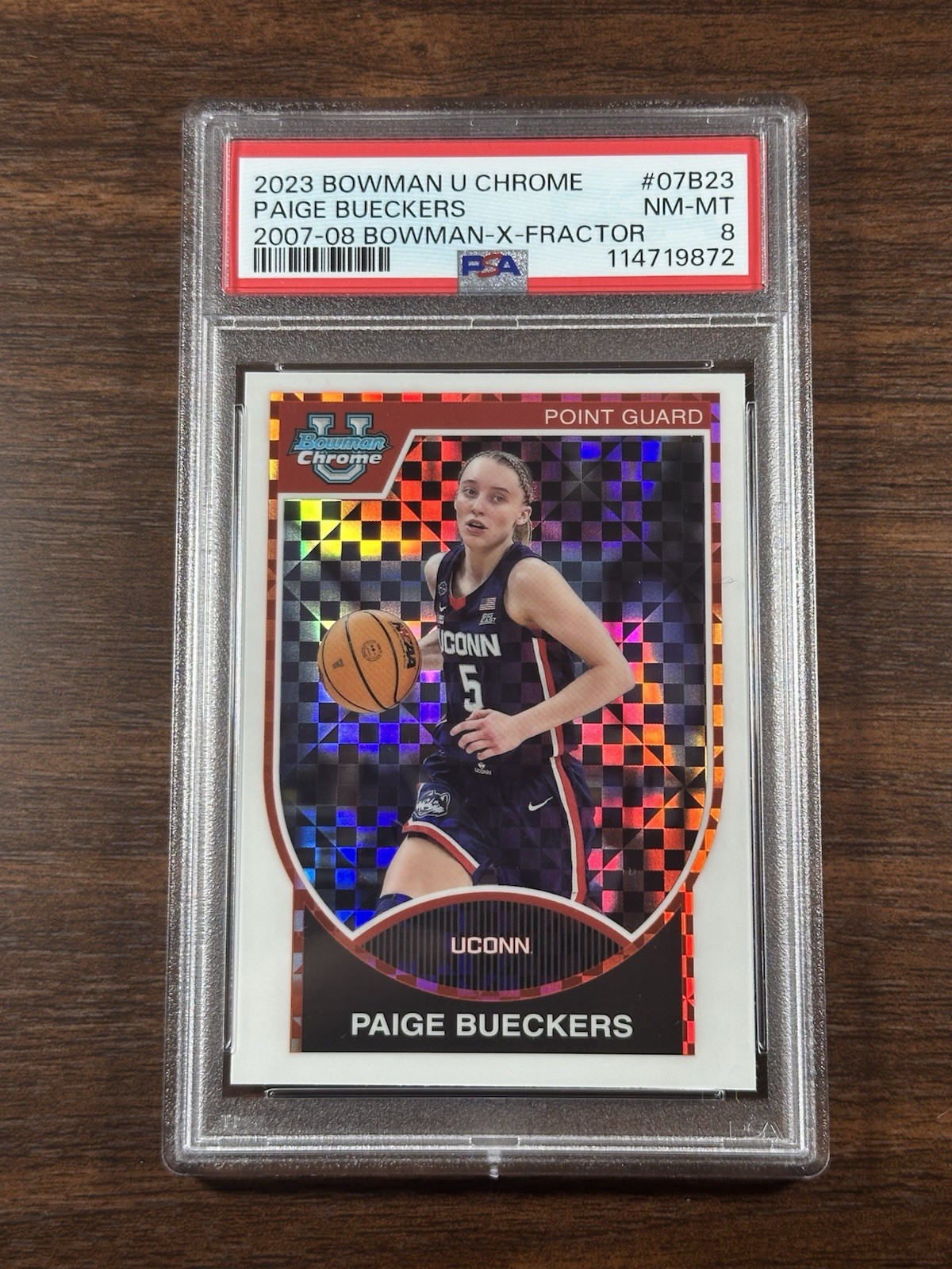 2023-24 Bowman Chrome U 2007-08 Bowman Paige Bueckers X-Fractor #07B-23 PSA 8 view 1