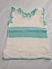 Vintage Handmade Crocheted Sleeveless Top Womens Medium, White Aqua Boho Knit