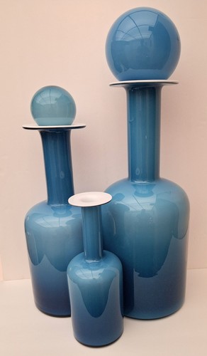 Stunning & Rare Set of 3 Danish Mid Century Modern HOLMEGAARD Decanter Bottles