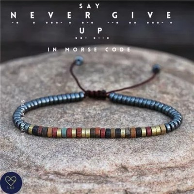 Morsecode NEVER GIVE UP grauer Hämatit Picasso Jaspis Armband, verstellbar 