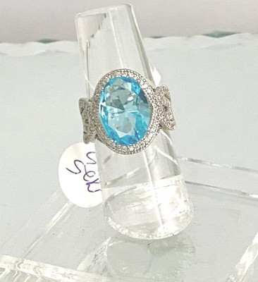 RING - Ovaler Aquamarin Edelstein / weiße Saphire Akzente 925 S Damen Gr. 5,75