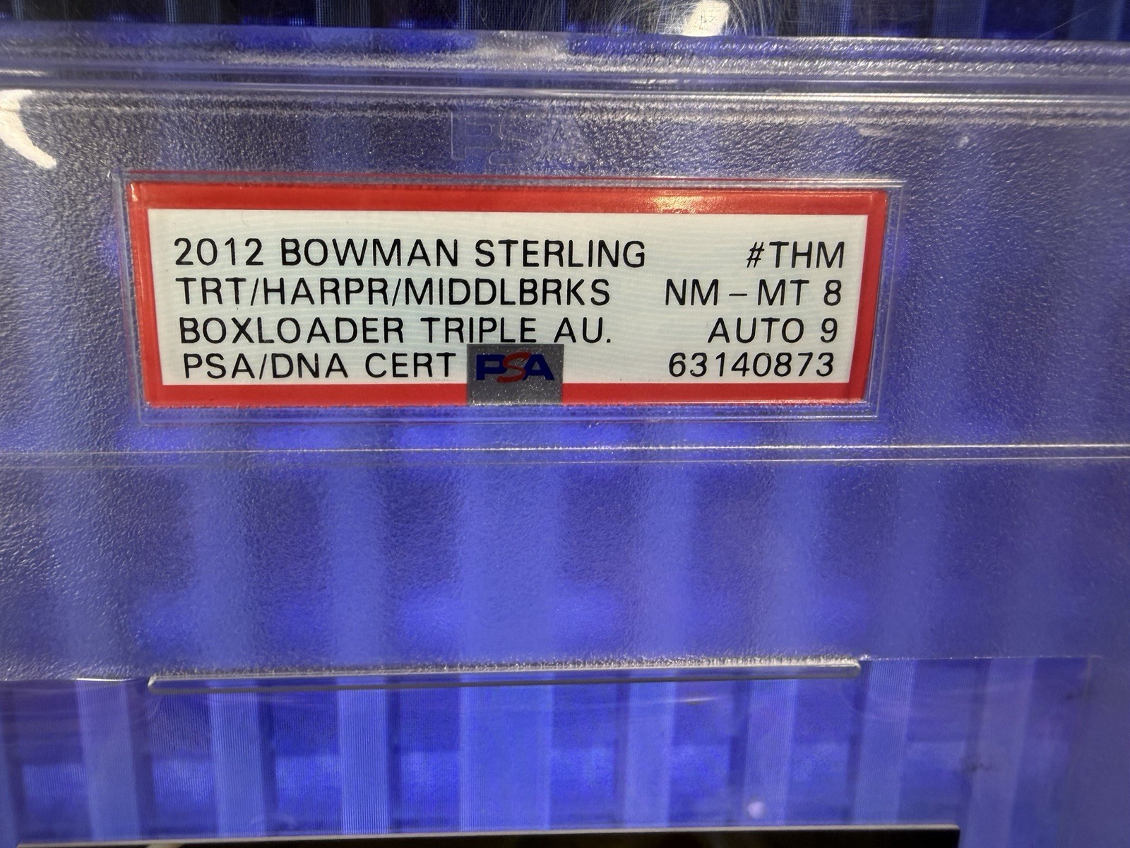 2012 Bowman Sterling Mike Trout Bryce Harper Boxloader Triple Auto Rookie RC PSA view 3