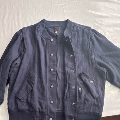 bobi Navy Blue Snap Button Bomber Jacket Pockets Long Sleeve Women Regular L