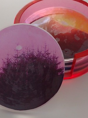 Handgefertigte Harz 4er Set Untersetzer mit Halter, Sonnenaufgang/Sonnenuntergang