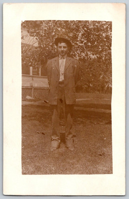 Vintage RPPC Postcard dapper Young Man Edwardian Fashion Suit Bowler Hat