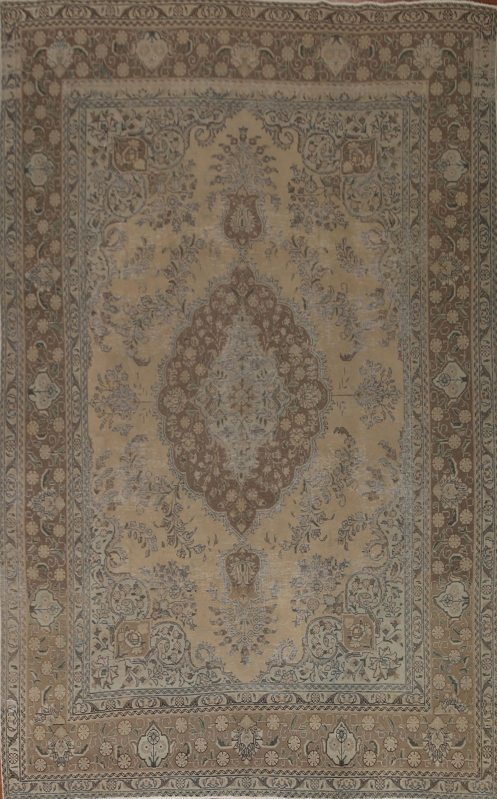 Vintage Dining Room Area Rug 8x11 Muted Distressed Hand-knotted Medallion Carpet