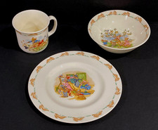 RARE 1936 Royal Doulton Bunnykins Child Plate Bowl Mug Set Apple Picking Theater