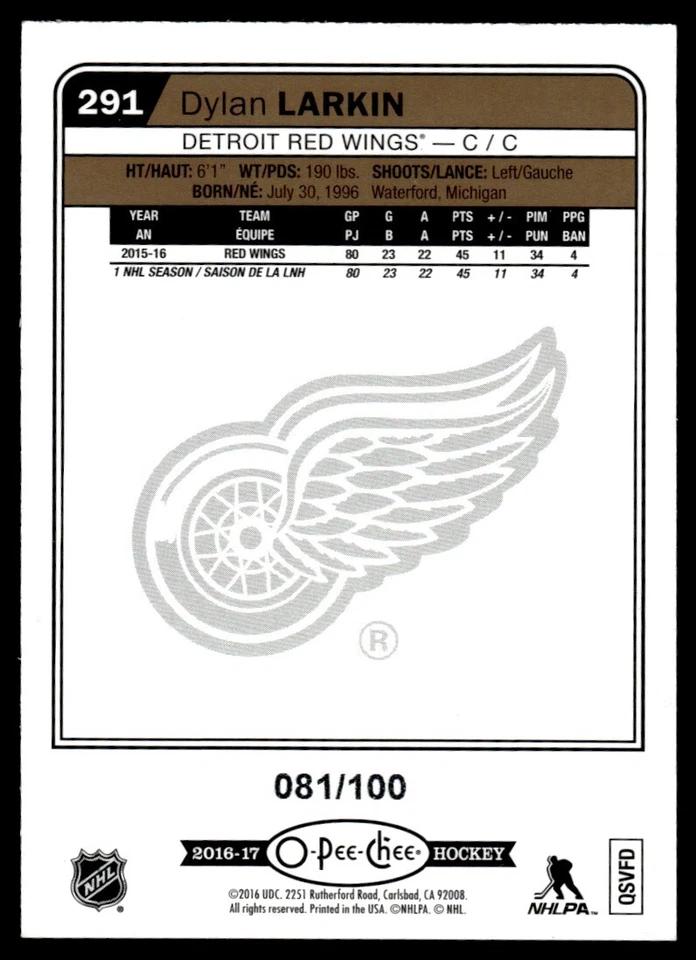 2016-17 O PEE CHEE BLACK RAINBOW FOIL /100 Dylan Larkin Detroit Red Wings #291 - Image 2 of 2