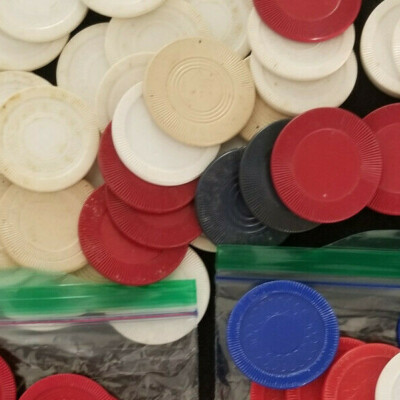 Assorted Plastic Poker Chips with Various Patterns: Red, White & Blue