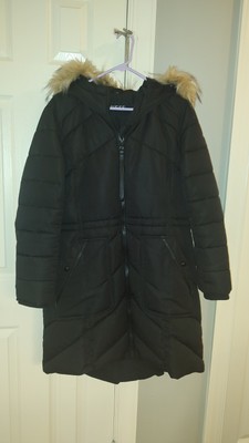 Womens Black Guess Puffer Coat, With Faux Fur Rimmed Hat, Size Lg NWOT