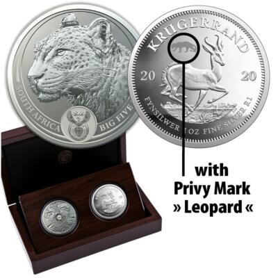 Silbermünzen Südafrika Big Five Leopard + Krügerrand Satz (4.) 2020 2 x 1 Oz PP