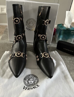 Versace Leather Ankle Boots W/ Gold Buckles & Buttons