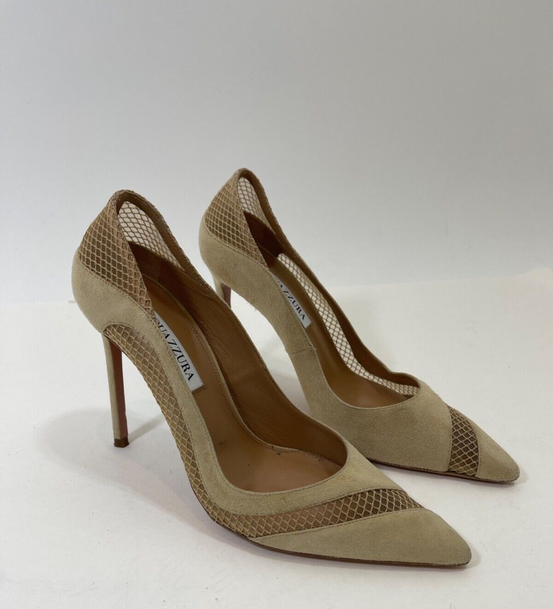 Aquazzura Dalia 85mm Suede Mesh Pumps in Beige Size 39