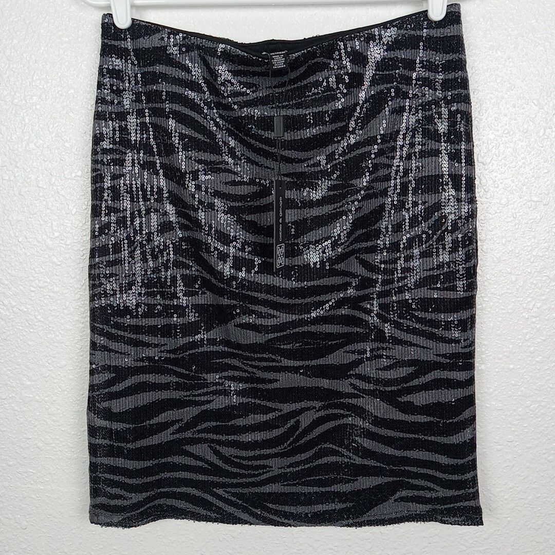 Cable & Gauge Sequin Skirt Women's Size XS Black Gray Zebra Print