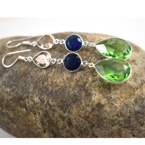 Sterling Silver Peridot & Topaz Gemstone Handmade Fantastic Lovely Earring - Picture 4 of 5