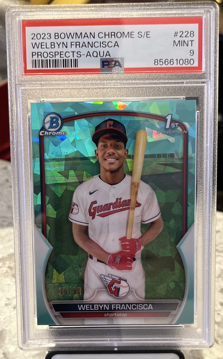 WELBYN FRANCISCA 2023 BOWMAN CHROME SAPPHIRE 1ST AQUA /99 PSA 9 GUARDIANS