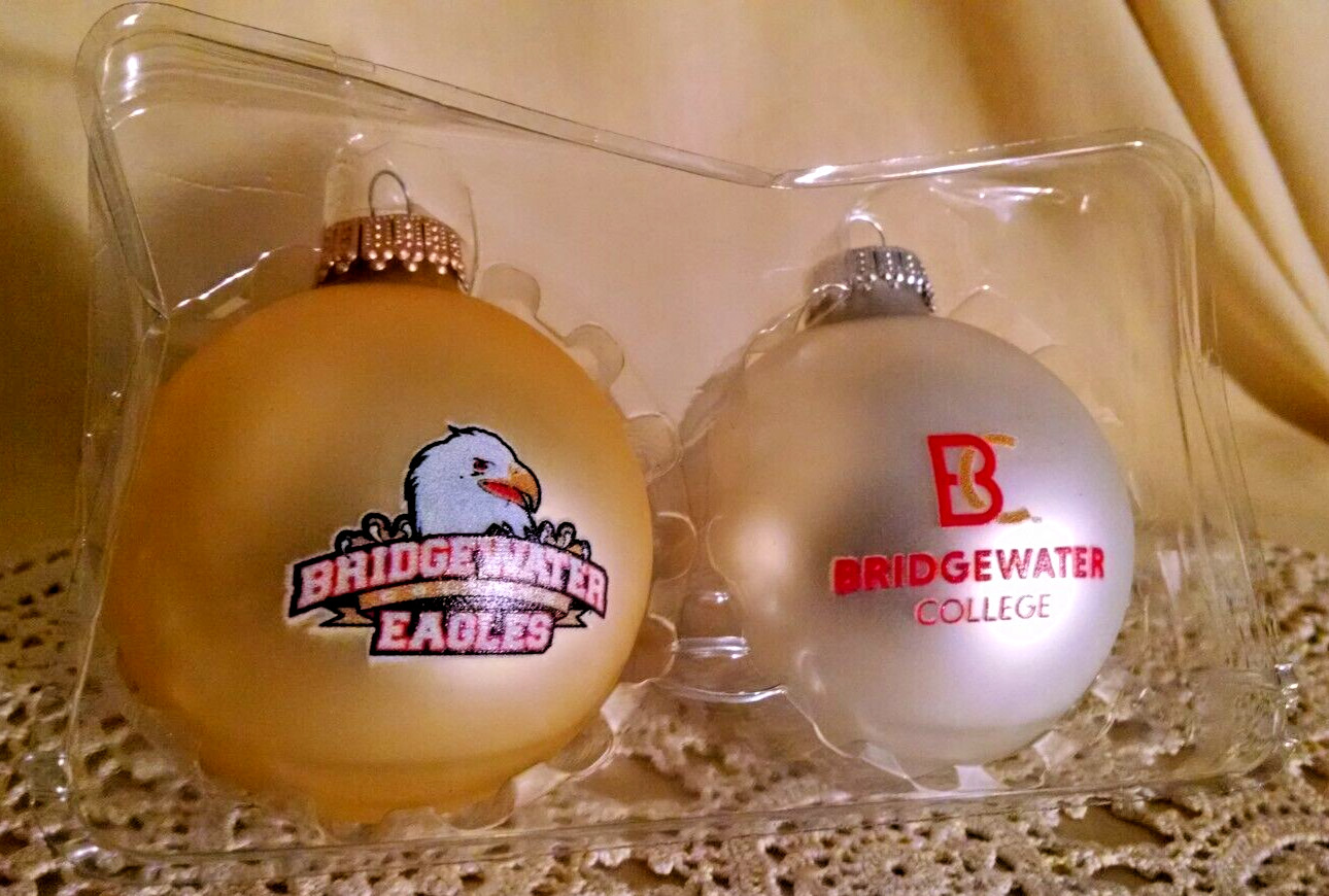 BRIDGEWATER COLLEGE ORNAMENT SET 2 GOLD EAGLES MASCOT WHITE BC SILVER RFSJ BALL.