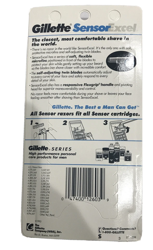 Mango de afeitadora Gillette Sensor Excel DOS cartuchos con afeitadora hecho en EE. UU. 1993 Foto 2 de 2