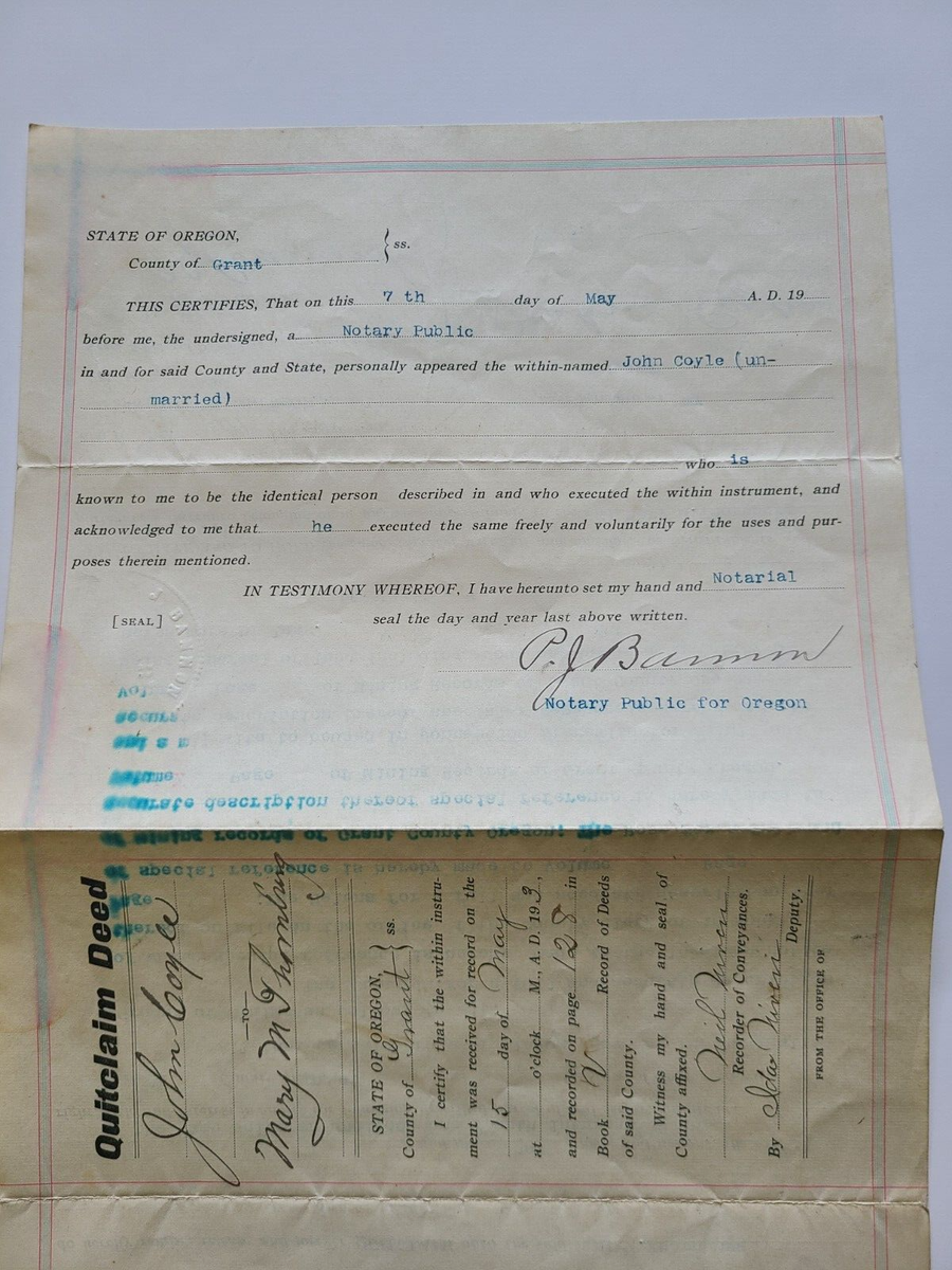 1903 Quit Claim Deed John Coyle To Mary Thornburg Land Parcel Granite Oregon