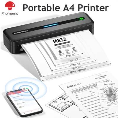 Portable Wireless A4 Bluetooth No-Ink Thermal Printer for Travel