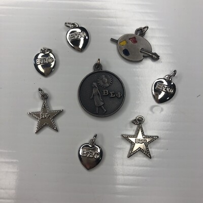 X Lot Beta Sigma Phi BEO Vtg Retro Pendants Charms 80s Walk Sun Star Heart Paint