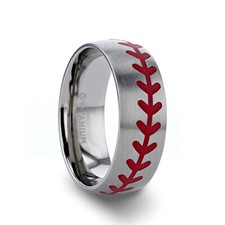 Baseball Pattern Red Stitching Titanium Brushed Finish Men's Ring - 8mm, NEW