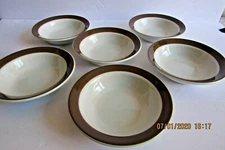 6-CEREAL BOWLS-6"D -FIGGJO NORWAY-MED KORUND-VITRO-STACKABLE-BROWN BAND