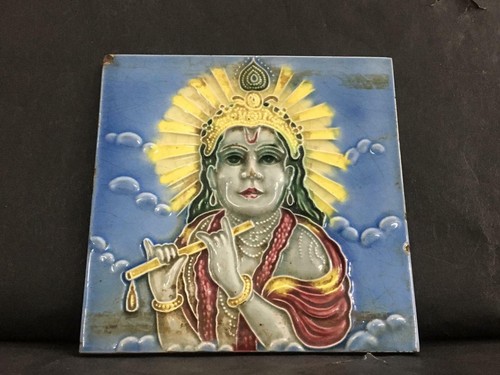 OLD VINTAGE RARE HANDMADE DECORATIVE HINDU GOD LORD KRISHNA CERAMIC TILE, JAPAN - Picture 4 of 11
