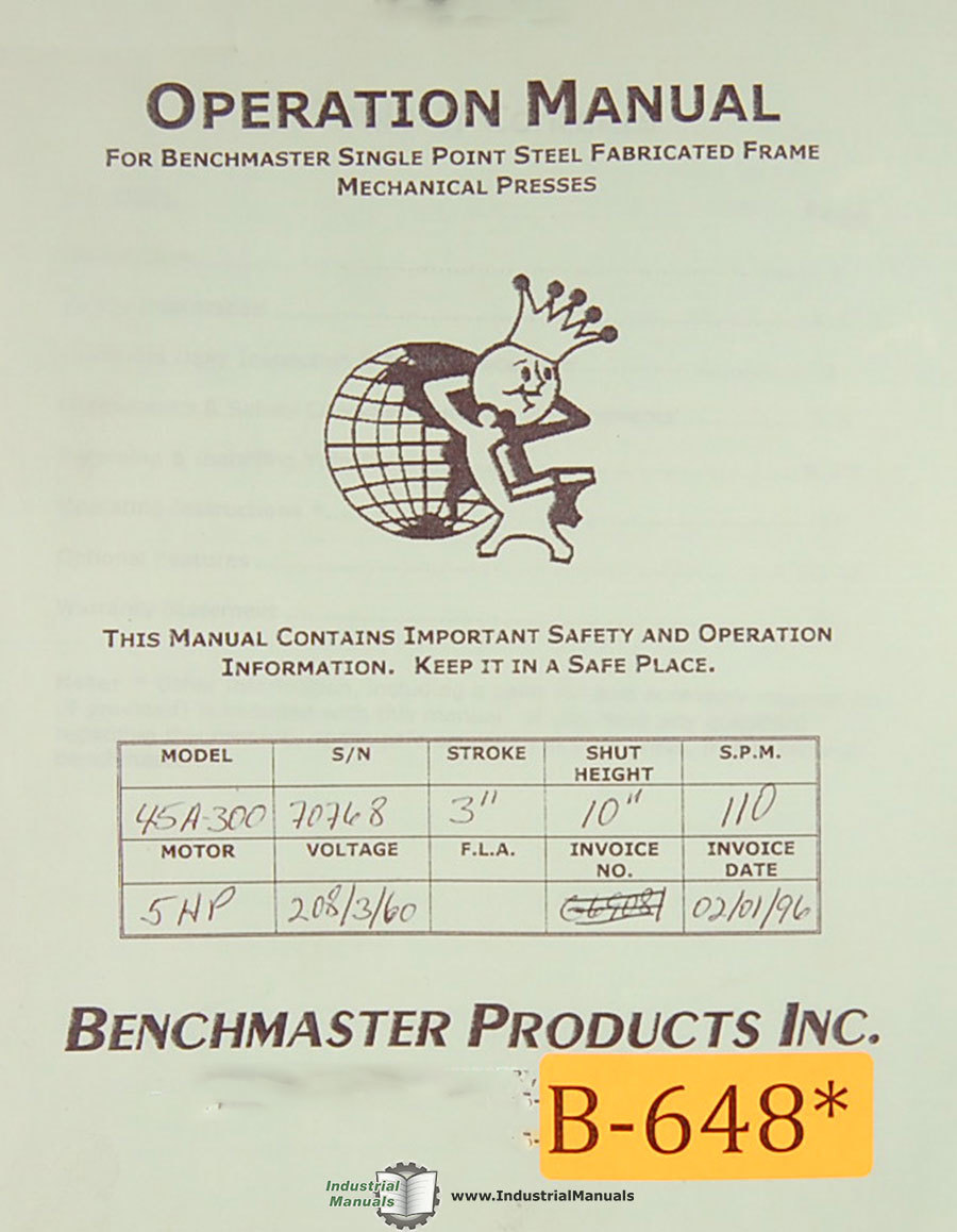 Benchmaster 45A 300 C, Press Operations and Parts Manual Year (1996