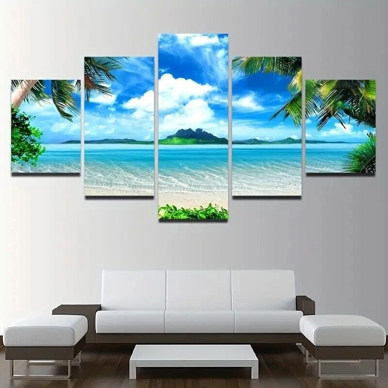 Blue Ocean Sea Island Palm Tree Scenery Canvas Prints Painting Wall Art Decor 5P - Image 2 of 4