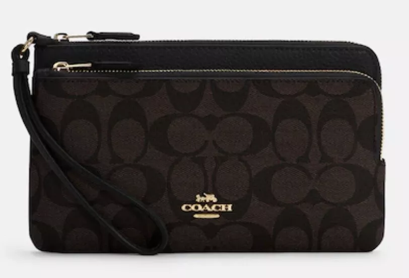 NWT COACH DOUBLE ZIP WRISTLET PHONE WALLET Canvas Leather Brown Black C5576