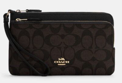 NWT COACH DOUBLE ZIP WRISTLET PHONE WALLET Canvas/Leather Brown