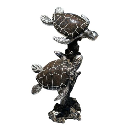 2 Swimming Sea Turtles Polystone Figurine 12" Decorative Coral Metallic Granite - Afbeelding 1 van 10