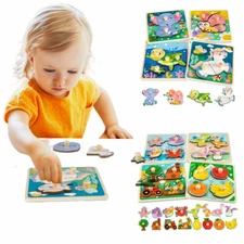 4 Pack Wooden Jigsaw Puzzles for Toddlers Baby Kids 1-3 Years Old Color Shape