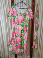 1970s GARDEN PARTY DRESS-Pink Hydrangeas Print-M-Ballerina Length Skirt-VG -SALE