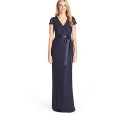Adrianna Papell Navy Lace V Neck Scalloped Long Cap Sleeve Gown Sz 6