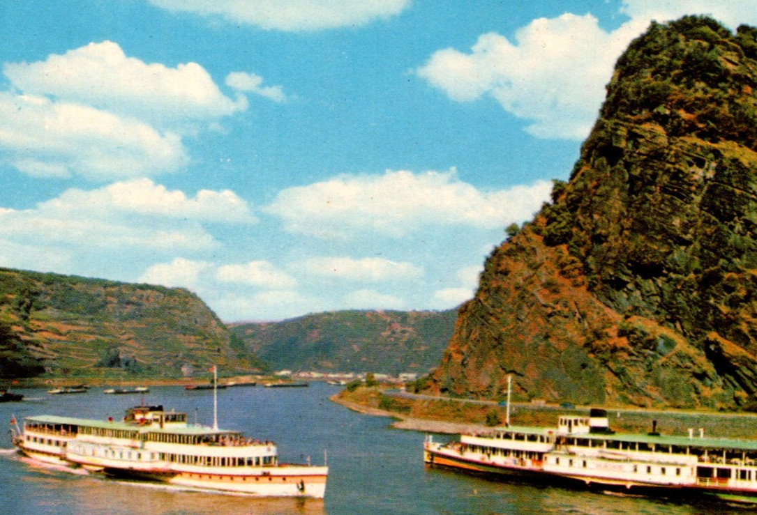 Hermosa postal de colección río Rin Loreley Felsen barcos cruceros
