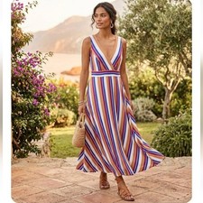 Lulus Multicolor Striped V-Neck Midi Dress