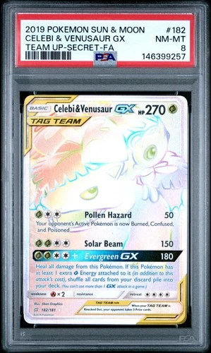 2019 POKEMON SUN & MOON TEAM UP SECRET #182 FULL ART/CELEBI & VENUSAUR GX PSA 8