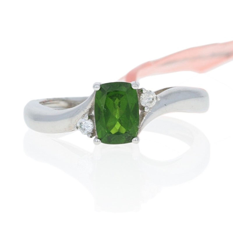 Sterling Silver 925 Chrome Diopside and White Zircon Bypass Ring 1.22ctw Cushion Cut