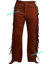 Mens Brown Suede Lambskin Leather Fringe Pants Motorcycle Party Biker Style Wear