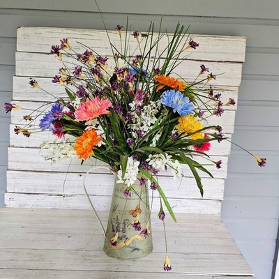 Wrapped Tin Vase with Silk Floral Arrangement - Bright Festive Colors