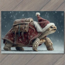 POSTCARD Santa Turtle Red Coat Backpack Snow Winter Wonderland Christmas Spirit