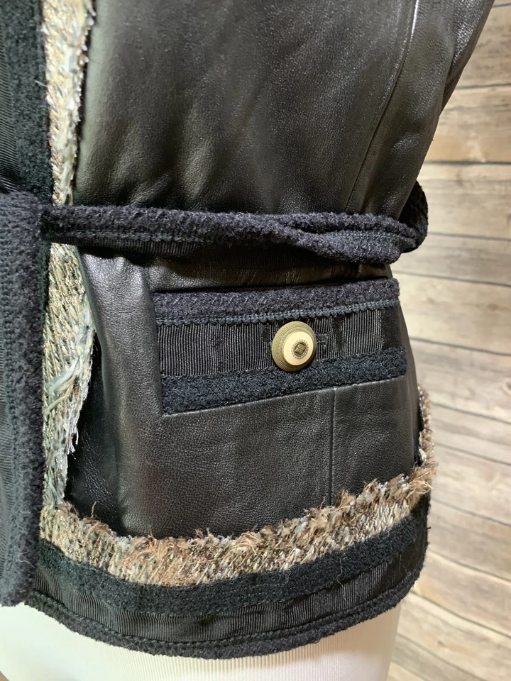 Chaqueta Bcbg Maxazria Cuero Suave Manga Corta Cinturón Flecos Frente Abierto XXS $498 Foto 4 de 4